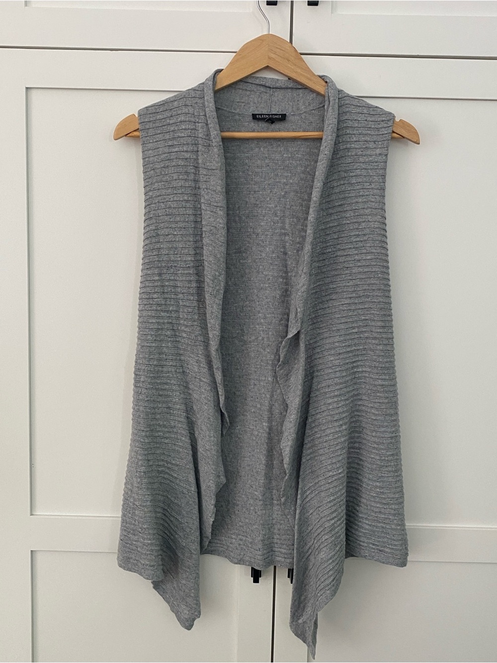 Eileen Fisher Gray Ribbed Open Front Draped Asymmetric Sleeveless Sweater Small